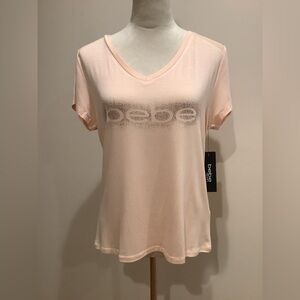 Bebe Sport Champagne Foil Spray V-Neck Top Size M, NWT